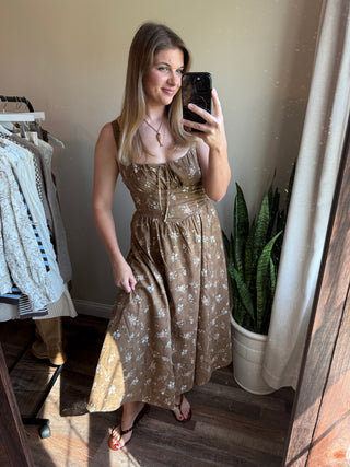 Hannah Eyelet Floral Dress, Brown - The Red Thread Boutique