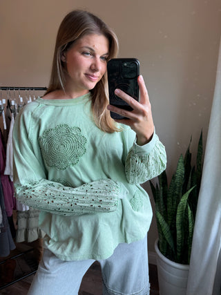 Livia Eyelet Detail Sweatshirt, Apple Green - The Red Thread Boutique