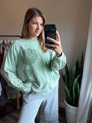 Livia Eyelet Detail Sweatshirt, Apple Green - The Red Thread Boutique