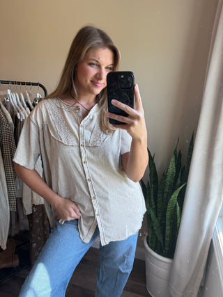 Cecily Button Down Boho Top, Mushroom - The Red Thread Boutique