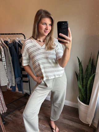 Tilly Marled Stripe Collared Short Sleeve Knit Top, Dark Brown - The Red Thread Boutique