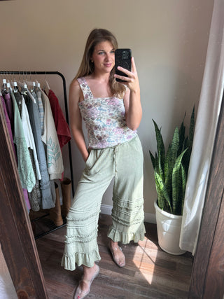 Vayda Ruffle Trim Pants, Light Olive - The Red Thread Boutique
