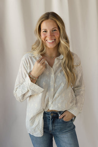 Lizzie Eyelet Stripe Button Up, Natural - The Red Thread Boutique