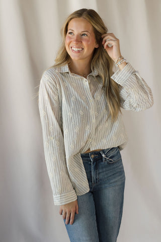 Lizzie Eyelet Stripe Button Up, Natural - The Red Thread Boutique