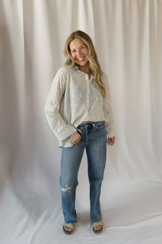 Lizzie Eyelet Stripe Button Up, Natural - The Red Thread Boutique