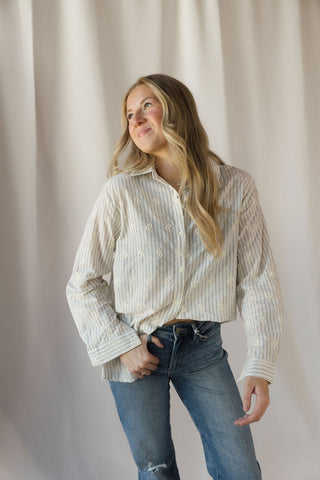 Lizzie Eyelet Stripe Button Up, Natural - The Red Thread Boutique