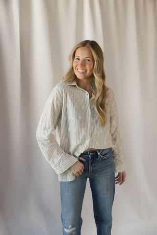 Lizzie Eyelet Stripe Button Up, Natural - The Red Thread Boutique