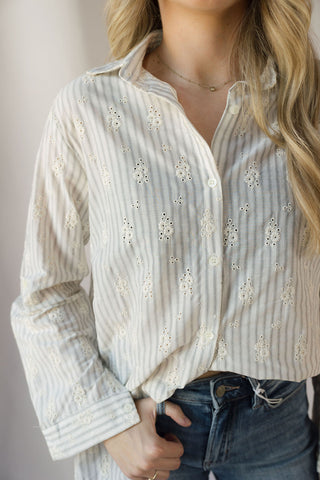 Lizzie Eyelet Stripe Button Up, Natural - The Red Thread Boutique