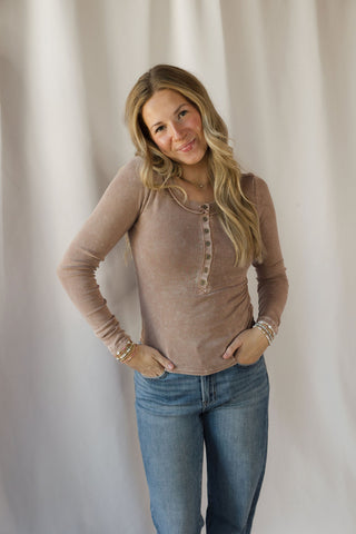 Jenny Ribbed Henley Knit Top, Cocoa - The Red Thread Boutique