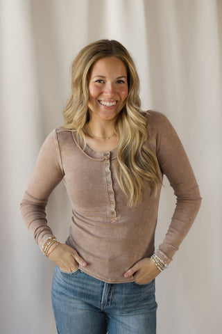 Jenny Ribbed Henley Knit Top, Cocoa - The Red Thread Boutique