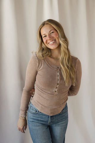 Jenny Ribbed Henley Knit Top, Cocoa - The Red Thread Boutique
