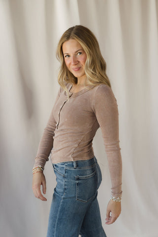 Jenny Ribbed Henley Knit Top, Cocoa - The Red Thread Boutique