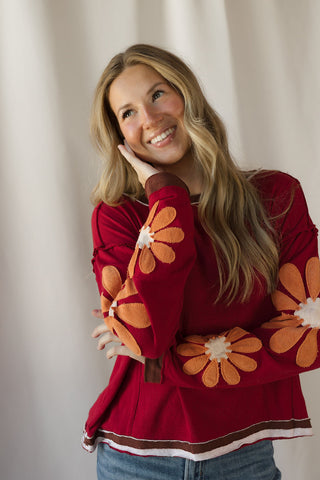 Floral Sleeve Top, Burgundy - The Red Thread Boutique