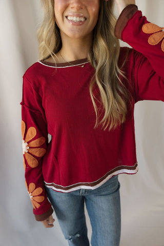Floral Sleeve Top, Burgundy - The Red Thread Boutique