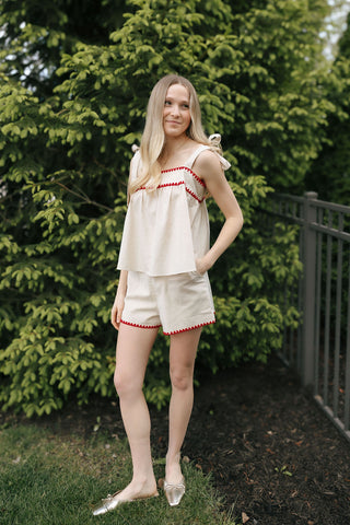 Red Trim Linen Top