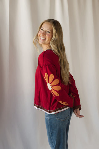 Floral Sleeve Top, Burgundy - The Red Thread Boutique