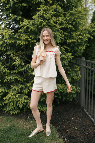 Red Trim Linen Shorts