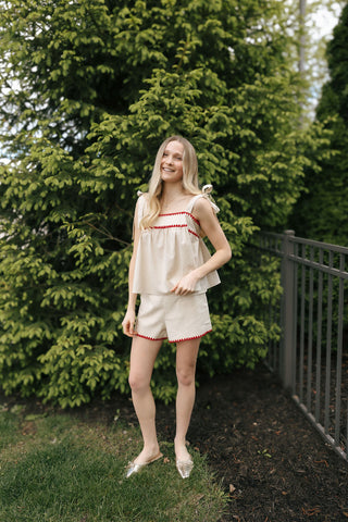 Red Trim Linen Shorts