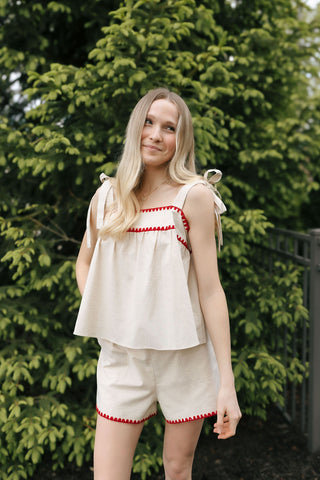 Red Trim Linen Shorts