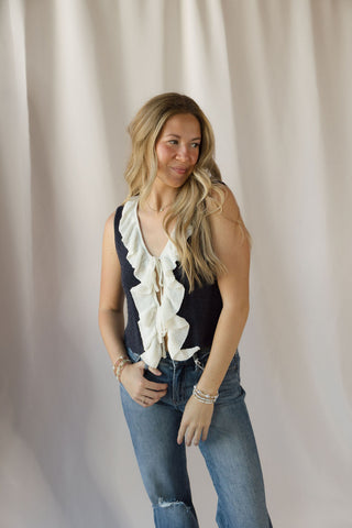Rachel Navy Ruffle Tank - The Red Thread Boutique