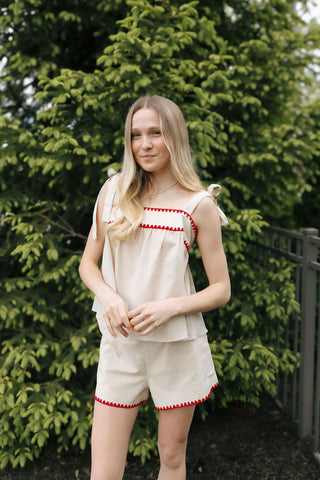 Red Trim Linen Top