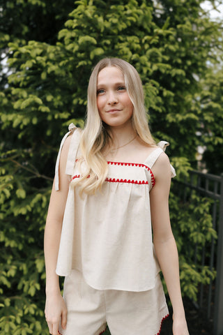 Red Trim Linen Top