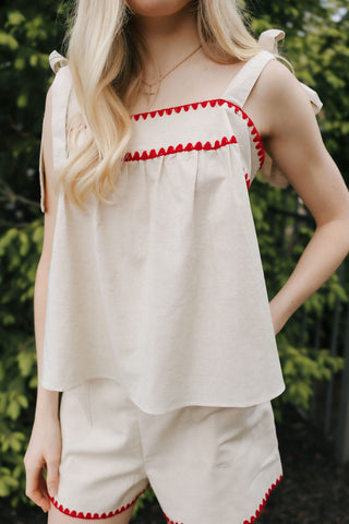 Red Trim Linen Shorts