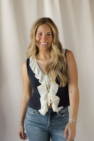 Rachel Navy Ruffle Tank - The Red Thread Boutique
