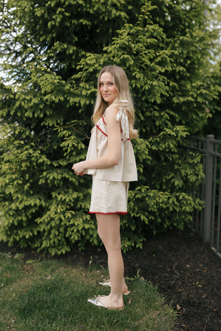 Red Trim Linen Shorts