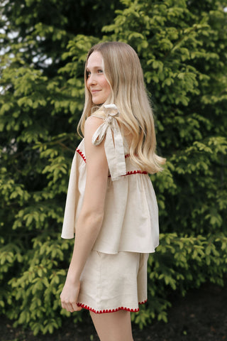 Red Trim Linen Shorts