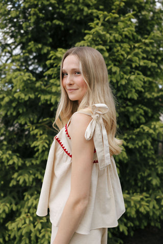 Red Trim Linen Top