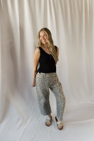 Cheetah Barrel Leg Jeans, Olive - The Red Thread Boutique