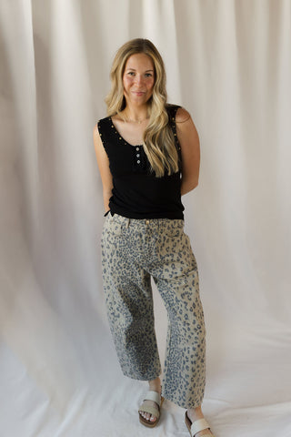 Cheetah Barrel Leg Jeans, Olive - The Red Thread Boutique