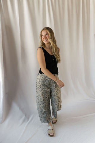 Cheetah Barrel Leg Jeans, Olive - The Red Thread Boutique