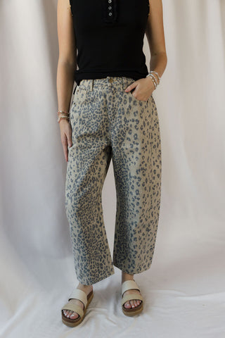 Cheetah Barrel Leg Jeans, Olive - The Red Thread Boutique