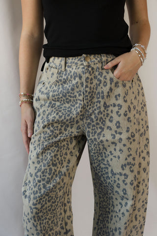 Cheetah Barrel Leg Jeans, Olive - The Red Thread Boutique