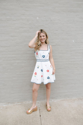 Embroidered Square Neck Dress, Navy