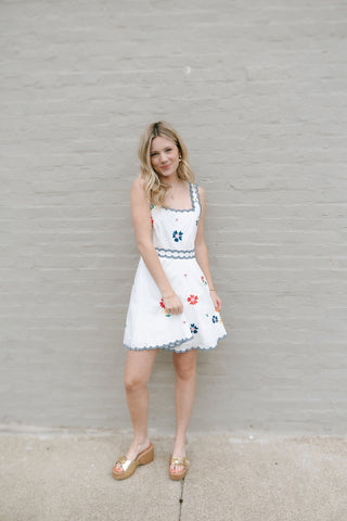 Embroidered Square Neck Dress, Navy