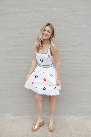 Embroidered Square Neck Dress, Navy