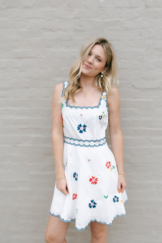 Embroidered Square Neck Dress, Navy