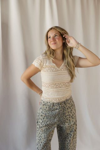 Lace V Neck Tee, Cream - The Red Thread Boutique