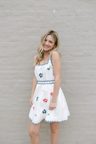 Embroidered Square Neck Dress, Navy