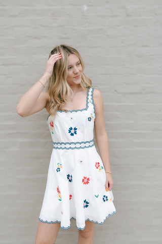 Embroidered Square Neck Dress, Navy
