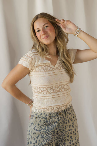 Lace V Neck Tee, Cream - The Red Thread Boutique