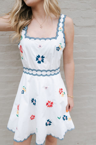 Embroidered Square Neck Dress, Navy