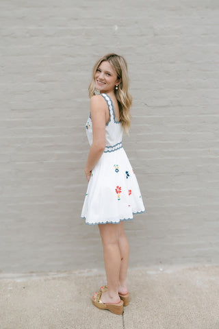 Embroidered Square Neck Dress, Navy