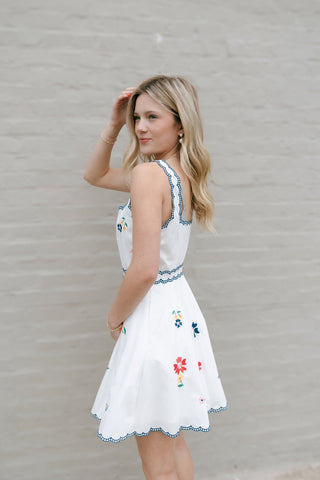 Embroidered Square Neck Dress, Navy