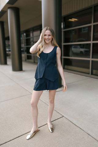 Cinched Linen Shorts, Midnight