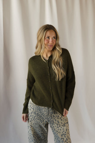 Lightweight Button Down Knit Cardigan, Olive - The Red Thread Boutique