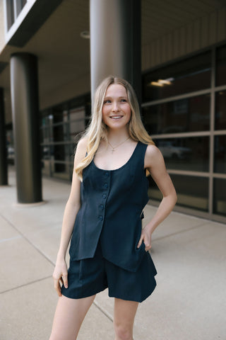 Button Down Linen Vest, Midnight